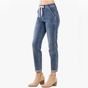 Judy Blue High Waist Medium Wash Drawstring Double Cuffed Jogger Size 9/29